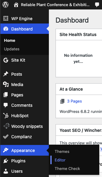 WordPress site editor link in the left sidebar